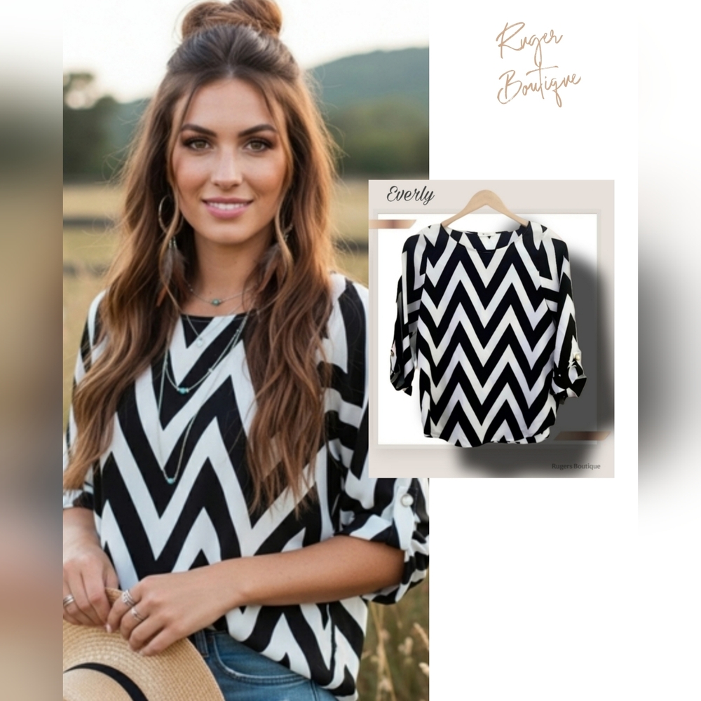 🌿Everly Chevron Women's Small Cropped Sleeve Black and White Blouse